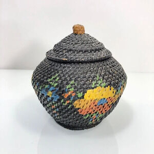 Vintage Hand Painted Wooden Basket Weave Jar with Lid